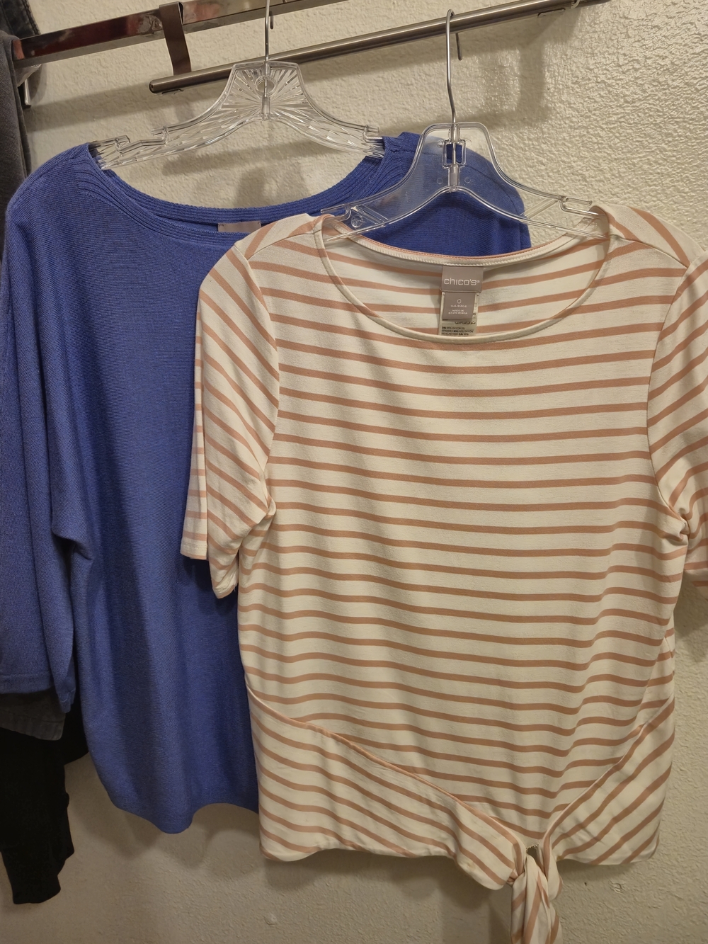 2 Chico's Sz 0 Salmon Striped Tie-Hem Short Sleeve Blue Boatneck 3/4 Sleeve Tops